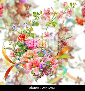 Aquarell von Blatt und Blumen, nahtlose Muster auf weißem Hintergrund Stockfoto