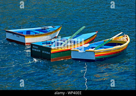 Madeira und bunten Fischerboote im Hafen von Camara de Lobos Stockfoto