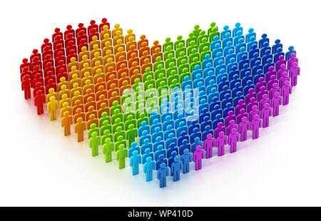 Regenbogen Flagge farbige Strichmännchen, die Form eines Herzens. 3D-Darstellung. Stockfoto