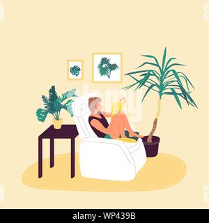 Girl is sitting in armchair and reading book in cosy room with potted tropical plants. Isolated on white background. Flat style cartoon stock vector Stock Vektor