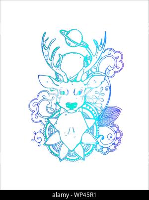 Abbildung: ein Reh auf dem Hintergrund eines Planeten, mehendi Muster. Bewusste Blick Stock Vektor