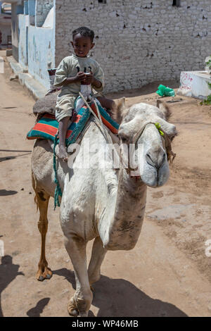 Ein junger Ägyptischer junge reitet auf einem Kamel durch die Nubische Dorf Garb-Sohel in der Region Assuan in Ägypten. Stockfoto