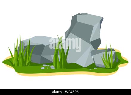 Stapel der großen grauen Boulder rock Steine liegen auf einem Sommer Rasen Stock Vektor