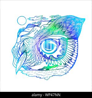 Farbverlauf Abbildung: psychedellic Eule, Natur, Berge, Sonne, Ornament. Stock Vektor