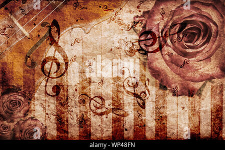 Vintage grunge Hintergrund mit Rose und Noten. Stockfoto
