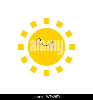 Gerne lustig smiley Sonne. Cute Sunshine Kids Gesicht. Fröhlich gelben Aufkleber. Sommer cartoon Lächeln sonnigen Charakter. Stock Vektor