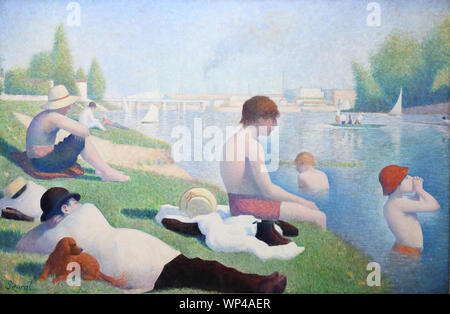 Badegäste in Asnières der französische Maler Georges Seurat in der National Gallery, London, UK Stockfoto