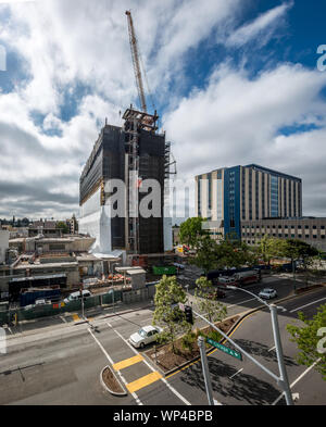 Bemalung der Konstruktion und Verkleidung eines großen mehrstöckigen Gebäudes mit einem großen Baukran Stockfoto