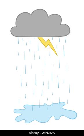 Vector Illustration Cloud, Blitz und Regen. Hand gezeichnet. Farbige Konturen. Stock Vektor