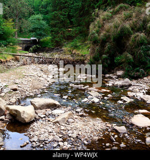 Ausgetrockneten Flussbett in der oberen Derwent Valley im Peak District, Derbyshire im Juli 2018 Stockfoto