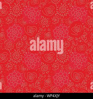 Die nahtlose Vektor Muster mit Blume doodle auf rotem Hintergrund Stock Vektor