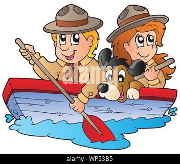 Holzboot mit Scout Boy und Girl Stock Vektor