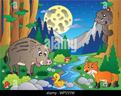 Wald Szene mit verschiedenen Tieren 4. Stock Vektor