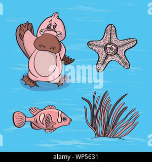 Vector Illustration zeichen Meeresbewohner Schnabeltiere und Muscheln mit Algen auf einem strukturierten Hintergrund Stock Vektor