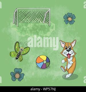 Vector Illustration eines Tier Hund spielen in der Clearing auf dem Gras unter den Blumen und Spielzeug auf einem strukturierten Hintergrund Stock Vektor