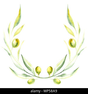 Abbildung: einen Olivenzweig in Form einer farbigen Blumen Kranz mit Blätter, Früchte einer rechteckigen Form auf einem isolierten weißen Hintergrund Stockfoto