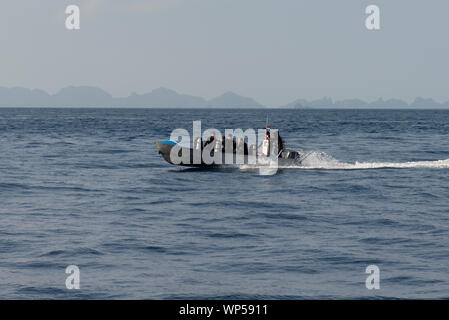 Taucher im Tender Boot, Fiabacet Insel, Misool, Raja Ampat, West Papua, Indonesien Stockfoto