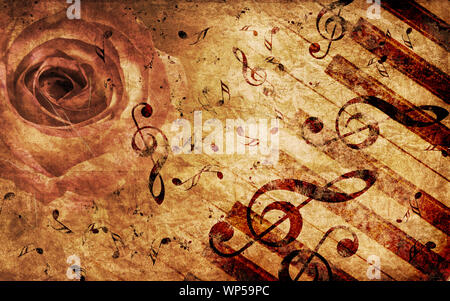 Vintage grunge Hintergrund mit Rose und Noten. Stockfoto