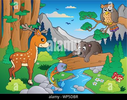 Wald Szene mit verschiedenen Tieren 1. Stock Vektor