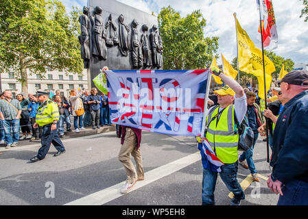 London, Großbritannien. 7. September 2019. Pro Brexit Gelb kommen ein pro EU-Protest in Whitehall zu stören. . Credit: Guy Bell/Alamy leben Nachrichten Stockfoto