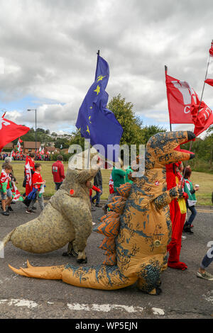 Merthyr Tydfil, Wales, UK. 7. Sep 2019. Wales pro-unabhängigkeit März in Merthyr Tydfil, schätzungsweise 5200 Menschen durch die Innenstadt von Merthyr Tydfil marschierten folgte mit Reden geführt vom ehemaligen walisischer Fußballspieler Neville Southall, und Sportkommentator und ehemalige internationale Rugbyspieler, Eddie Butler. Credit: Haydn Denman/Alamy leben Nachrichten Stockfoto