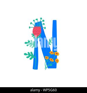 Lateinischer Buchstabe N in Blumen und Pflanzen. Vektor. Schreiben in der dekorativen Elemente für Inschriften. Firmenlogo. Plakat oder Monogramm. Stock Vektor