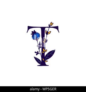 Lateinischer Buchstabe T in Blumen und Pflanzen. Vektor. Schreiben in der dekorativen Elemente für Inschriften. Firmenlogo. Plakat oder Monogramm. Stock Vektor