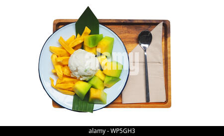 Ansicht von oben frische Kokosmilch Eis Jackfruit und Kantalupe auf weißem Hintergrund Stockfoto