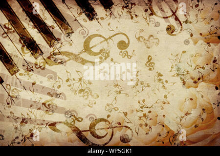 Vintage grunge Hintergrund mit Rose und Noten. Stockfoto