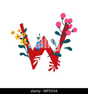 Lateinischer Buchstabe W in Blumen und Pflanzen. Vektor. Brief in dekorative Elemente. Firmenlogo. Plakat oder Monogramm. Stock Vektor