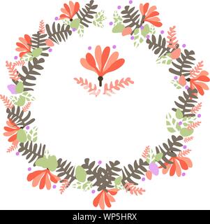 Vector Illustration mit Kranz aus orange Blumen und grüne Blätter in gedämpften Vintage Farben. Stock Vektor