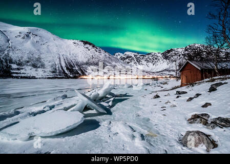 Aurora borealis, Northern Lights, aktive, farbigen Vorhängen, coronas, über Nacht Himmel, Polarkreis, Kvaloya, Insel, Troms, Tromso, Norwegen Stockfoto