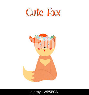 Cute Fox mit Ingwer forelock in Blumenkranz auf weißem Hintergrund, adorable süßes Tier für Baby Design. Cartoon flache Hand gezeichnet Lllustrat Stockfoto