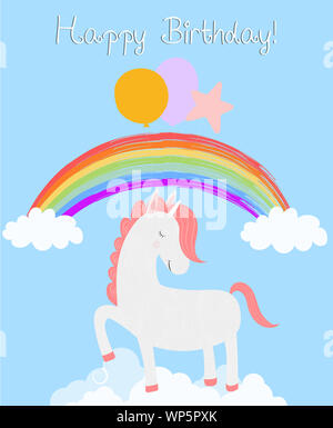 Cute unicorn Happy Birthday Card, White Pony mit geschlossenen Augen halten Ballons Stampfen der Hufe auf Wolken Regenbogen Himmel Hintergrund abheben. Gruß unicorn c Stockfoto