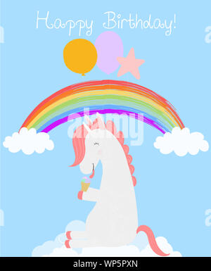 Süße Einhorn mit Ballons Eis essen sitzen auf der weißen Wolke in blau Rainbow Himmel. Alles Gute zum Geburtstag Greeting Card. Lustig Pferd baby dusche d Stockfoto