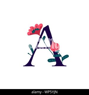 Lateinischer Buchstabe A in Blumen und Pflanzen. Vektor. Schreiben in der dekorativen Elemente für Inschriften. Firmenlogo. Plakat oder Monogramm. Stock Vektor