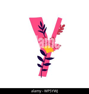Lateinischer Buchstabe Y mit Blumen und Pflanzen. Vektor. Brief in dekorative Elemente. Firmenlogo. Plakat oder Monogramm. Stock Vektor