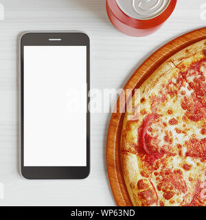 Pizza, italienische Küche Lieferung, rufen Sie an oder bestellen Sie online auf Handy, Mobilfunk, Smartphone. 3D-Rendering Stockfoto