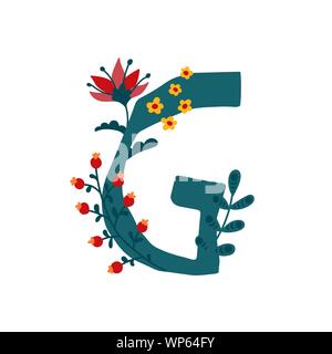 Lateinischer Buchstabe G in Blumen und Pflanzen. Vektor. Schreiben in der dekorativen Elemente für Inschriften. Firmenlogo. Plakat oder Monogramm. Stock Vektor