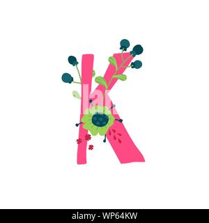 Lateinischer Buchstabe K in Blumen und Pflanzen. Vektor. Schreiben in der dekorativen Elemente für Inschriften. Firmenlogo. Plakat oder Monogramm. Stock Vektor