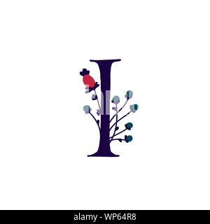 Lateinischer Buchstabe I in Blumen und Pflanzen. Vektor. Schreiben in der dekorativen Elemente für Inschriften. Firmenlogo. Plakat oder Monogramm. Stock Vektor
