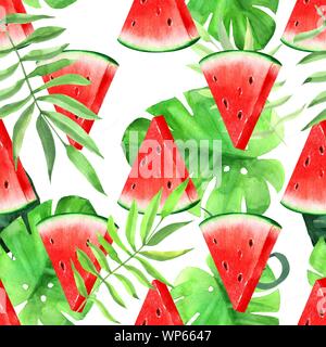 Wassermelone mit tropischen Blättern. Nahtlose Muster Stockfoto