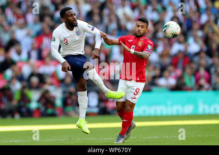 London, Großbritannien. 7. Sep 2019. England Verteidiger Danny Rose löscht aus Bulgarien Mittelfeldspieler Wanderson während der UEFA EURO 202 Gruppe ein qualifikationsspiel zwischen England und Bulgarien im Wembley Stadion, London am Samstag, den 7. September 2019. (Credit: Jon Bromley | MI Nachrichten) nur die redaktionelle Nutzung, eine Lizenz für die gewerbliche Nutzung erforderlich. Foto darf nur für Zeitung und/oder Zeitschrift redaktionelle Zwecke Credit: MI Nachrichten & Sport/Alamy Live News Credit: MI Nachrichten & Sport/Alamy Live-Nachrichten verwendet werden. Stockfoto