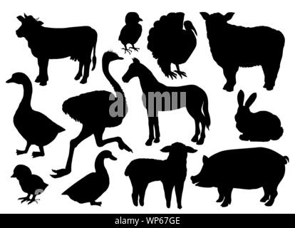 Nutztiere Nutztiere Vektor schwarze Silhouetten auf Weiß isoliert. Kuh, Schaf, Schwein, Pferd, Strauß, Ente, Kaninchen, Gans, Türkei Vogel und Lamm, handdrawn Icons oder Symbole Stock Vektor