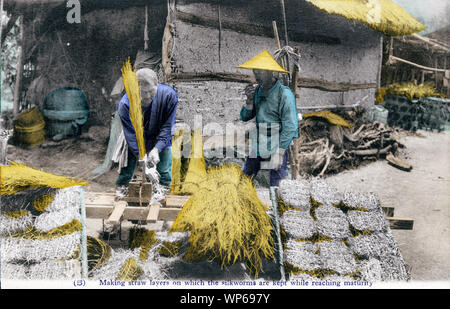 [1910s Japan - Japanische Seide Landwirtschaft] - Japanische Landwirte, Stroh Betten für Seide arbeit Anbau. Original text: (5) Stroh Ebenen, auf denen die silkworm gehalten werden während der Laufzeit zu erreichen. Diese Postkarte ist aus einer Serie über die japanische Seide Landwirtschaft, die Seidenindustrie von Japan genannt. 20. jahrhundert alte Ansichtskarte. Stockfoto