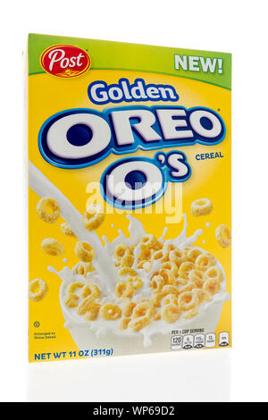 Wnneconne, WI - 6. September 2019: ein Paket von Post Golden Oreo Os Getreide auf einer isolierten Hintergrund. Stockfoto