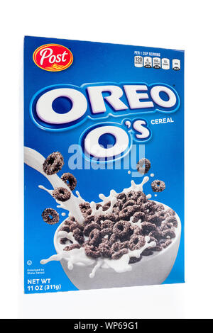 Wnneconne, WI - 6. September 2019: ein Paket von Post Oreo Os Getreide auf einer isolierten Hintergrund. Stockfoto