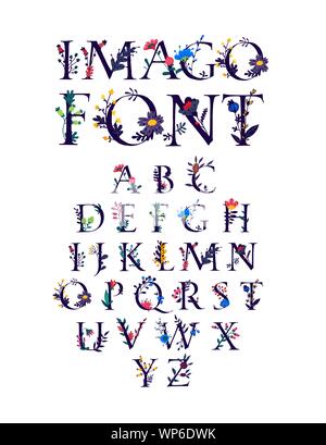 Englische Alphabet in Blumen und Pflanzen. Vektor. Font Bild der Liebe und der Natur. Klassische lateinische Buchstaben durch Einrichtung umgeben. Shop für Kosmetik und Frauen" Stock Vektor