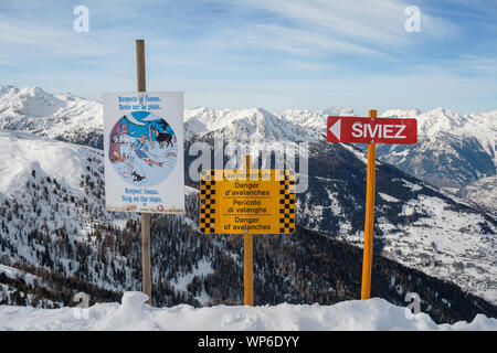 VEYSONNAZ, SCHWEIZ - 04. FEBRUAR 2010: Wegweiser für Siviez Skilift, Warnzeichen für Lawinengefahr und Poster für den Schutz der wildlebenden Tiere in Stockfoto