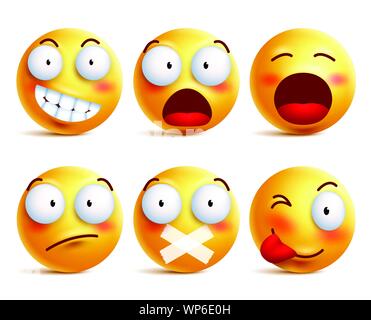 Smileys Vektor einrichten. Smiley Symbole oder Emoticons mit Mimik und Emotionen in der Farbe Gelb mit weißem Hintergrund. Vektor Stock Vektor